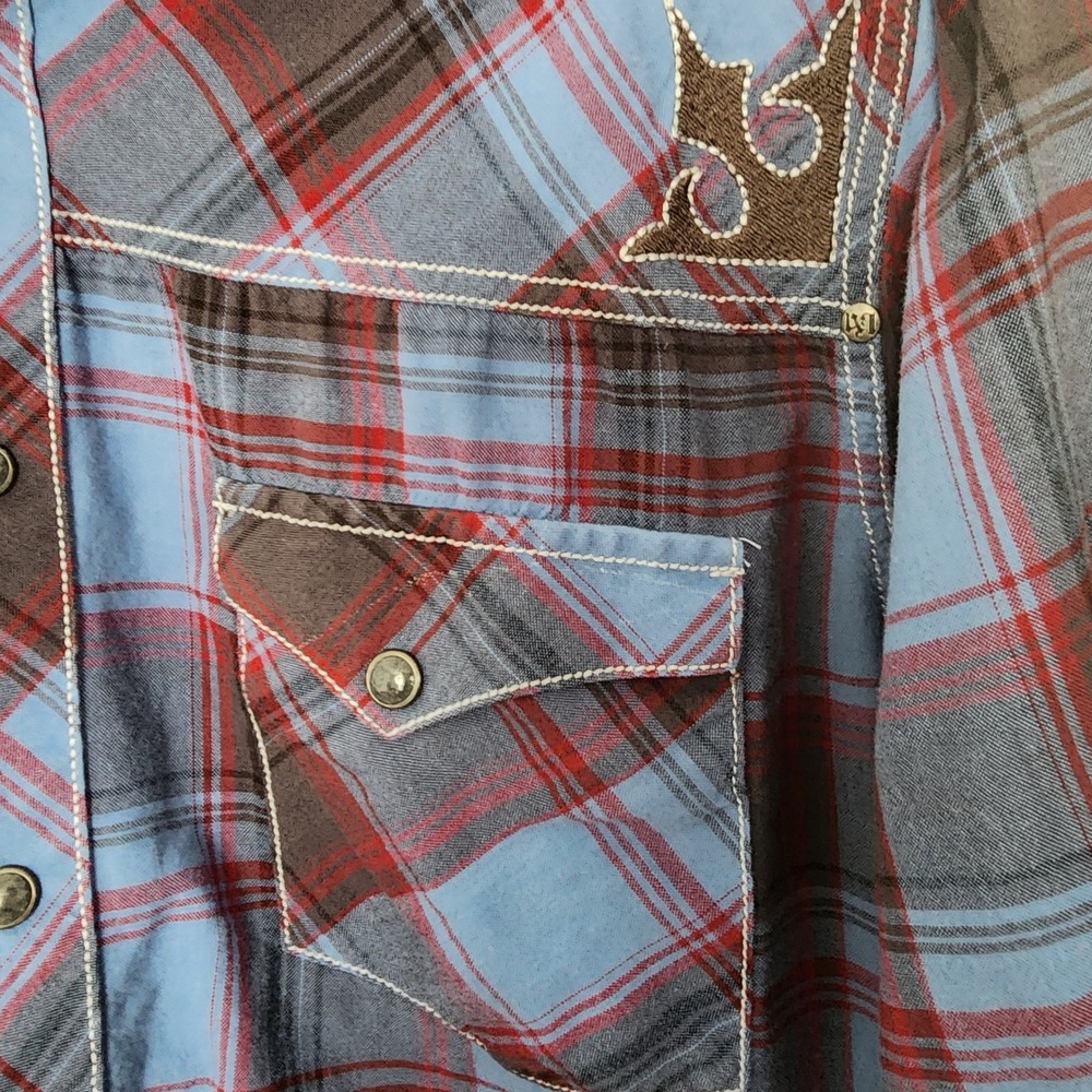 Rock 47 by Wrangler Plaid Western Shirt Mens Medium Blue Maroon Embroidered - Picture 3 of 5